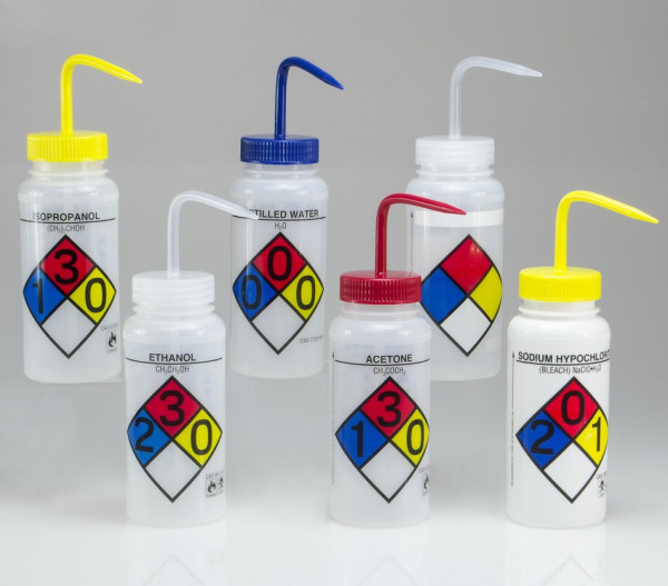 SP Bel-Art Safety-Labeled Assorted 4-Color Wide- Mouth Wash Bottles; 500ml (16oz), Polyethylenew/Polypropylene Cap, (Pack of 6)