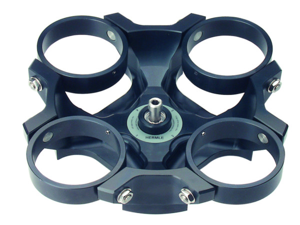 Hermle Swing out rotor, 4 places for round buckets 628.___ max. speed: 4,500 rpm max. RCF: 3,780 x g max. radius: 16.7 cm