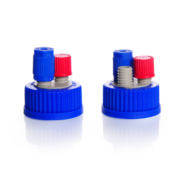 DWK DURAN® GL 45 Anschluss-Schraubverschluss, mit 2 GL 14 Ports, PP, blau/grau