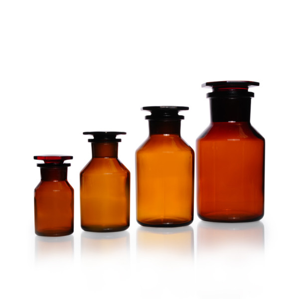 DWK Reagent bottle, wide neck, soda-lime-glass, amber, NS 60/46, with stopper, 1000 ml