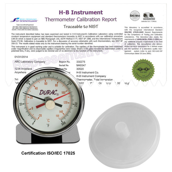 SP Bel-Art, H-B DURAC Maximum Registering /Autoclave Bi-Metal Thermometer; -20 to 150C (0 to300F), I