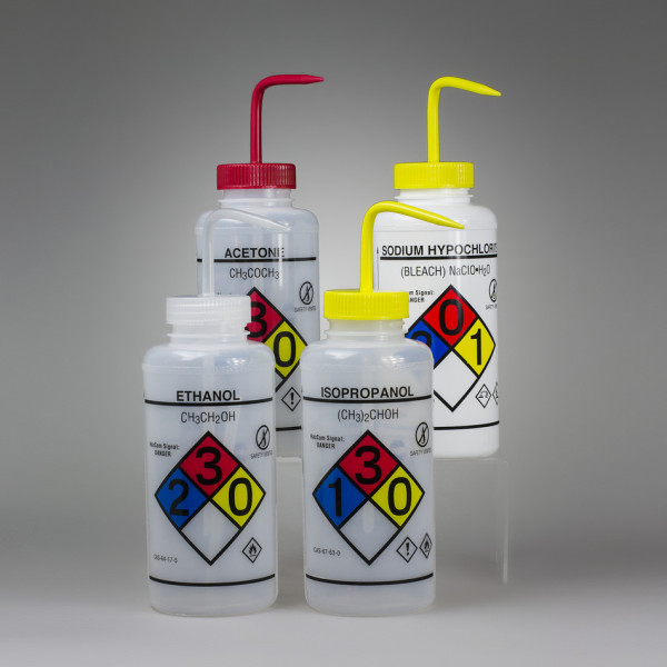 SP Bel-Art GHS Labeled Safety-Vented AssortedWash Bottles; 1000ml (32oz), Polyethylene w/Polypropylene Cap (Pack of 4)