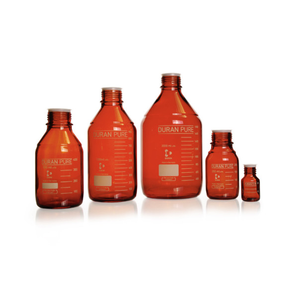 DWK DURAN PURE bottle, amber, graduated, GL 45, with dust cover, without cap and pouring ring, 2000 ml