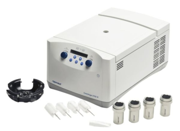 Eppendorf Centrifuge 5702 R, rotary knobs, refrigerated, with Rotor A-4-38 incl. adapters for 13/16 mm blood collection tubes, 2 sets of 2 adapters, 230 V/50 – 60 Hz