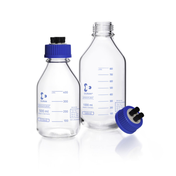 DWK DURAN® GL 45 HPLC-Flasche, 500 ml (klar), graduiert mit HPLC-Schraubverschluss und 4 Schlauchans