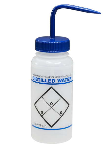SP Bel-Art Safety-Labeled 2-Color Distilled WaterWide-Mouth Wash Bottles; 500ml (16oz), Polyethylene w/Blue Polypropylene Cap (Pack of 6)