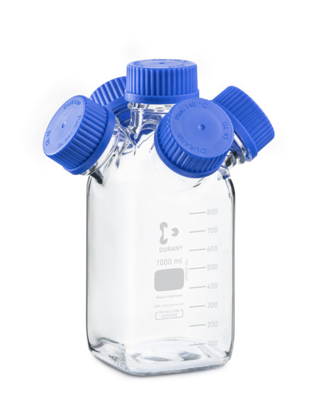 DWK DURAN® GL 45 Hydra HPLC-Spülflasche, Vierkant, klar, mit 4 GL 45 Seitenhälsen, 1000 ml