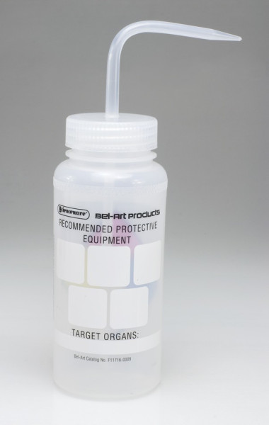 SP Bel-Art Safety-Labeled 4-Color LYOB Wide- MouthWash Bottles; 500ml (16oz), Polyethylenew/Natural Polypropylene Cap (Pack of 4)