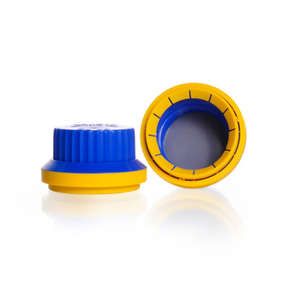 DWK Tamper-evident screw caps, GL 45, PP, blue-yellow, with PTFE sealing, for DURAN® laboratory glass bottles with DIN thread