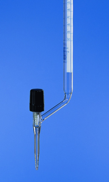 BRAND Burette, BLAUBRAND®, AS, DE-M, 10:0.02 ml, Boro 3. 3, lateral stopcock, PTFE key, blue Schellbach stripe