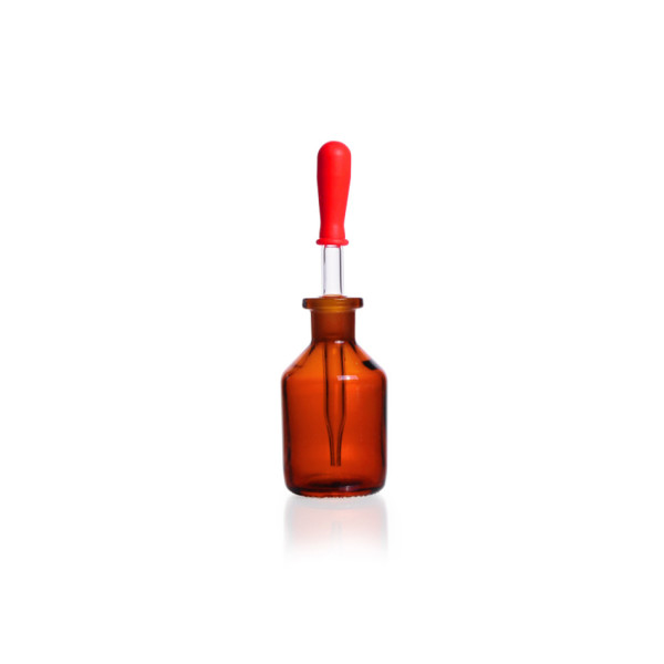 DWK Tropfflasche, Kalk-Soda-Glas, braun, komplett mit austauschbarer Glaspipette NS und Pipettensaug