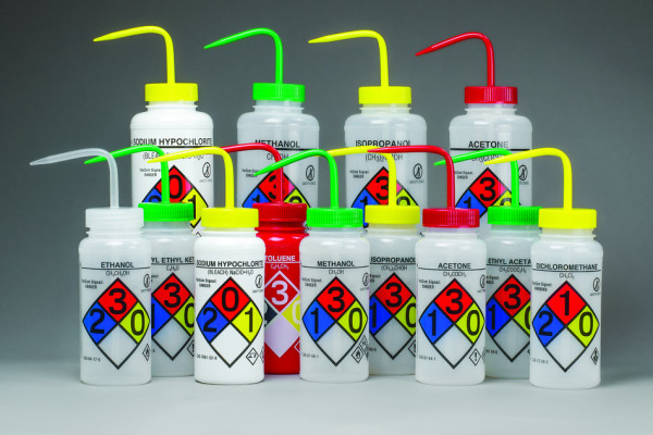 SP Bel-Art GHS Labeled Safety-Vented MethanolWash Bottles; 500ml (16oz), Polyethylene w/GreenPolypro