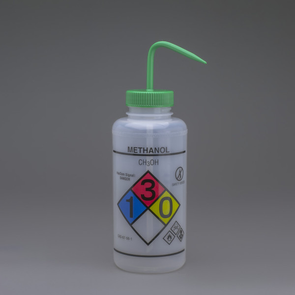 SP Bel-Art GHS Labeled Safety-Vented MethanolWash Bottles; 1000ml (32oz), Polyethylene w/GreenPolypr