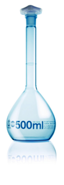 BRAND Volumetric flask PUR-coated, BLAUBRAND®, A, DE-M, 50 ml, Boro 3.3, W, NS 14/23, PP stopper