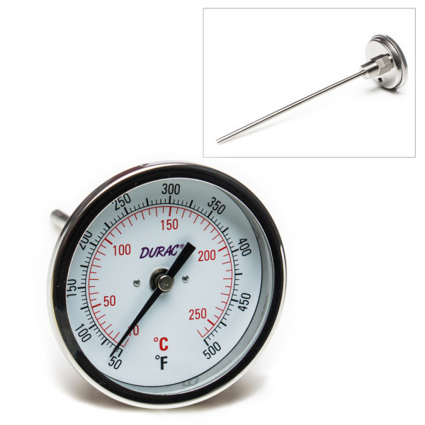 SP Bel-Art, H-B DURAC Bi-Metallic DialThermometer; 10 to 260C (50 to 500F), 1/2 in. NPTThreaded Connection, 75mm Dial
