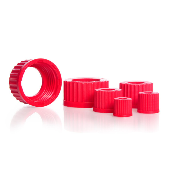 DWK Screw-caps with aperture, GL 14, PBT, red, aperture bore 9,5 mm